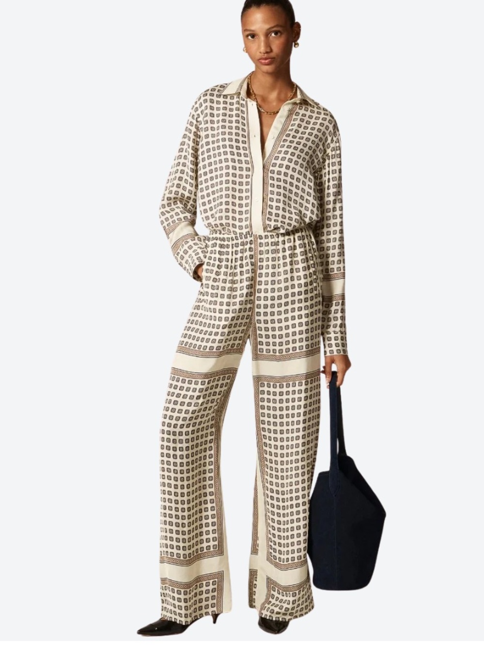 J. Crew Cream and Brown Wide-Leg Jumpsuit
